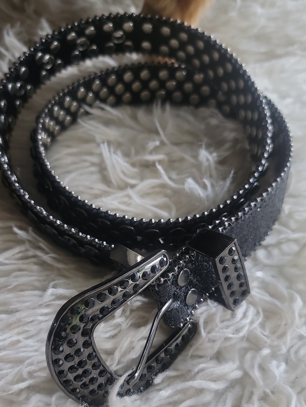 Studded Black Women's Leather Belt with Crystal Buckle